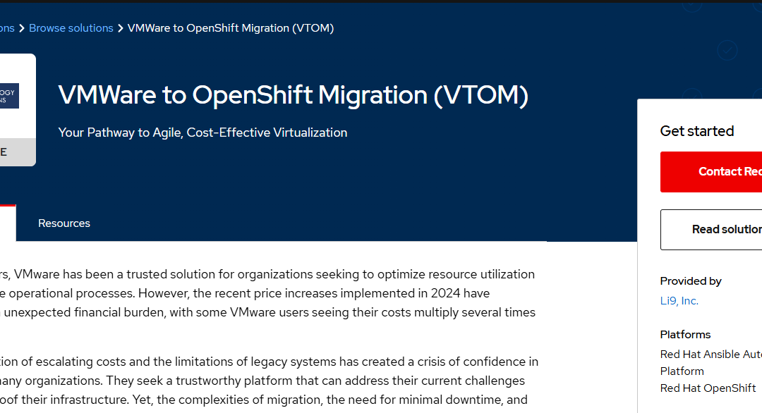 Release of Red Hat Co-branded VMware to OpenShift Virtualization Migration (VTOM) Solution